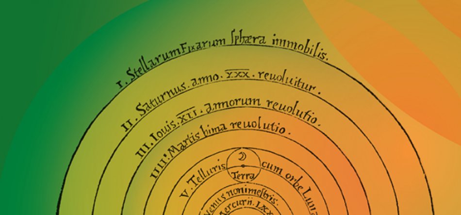 Fragment ilustracji z koncentrycznymi półokręgami opisanymi ręcznym pismem po łacinie (m.in. widoczne napisy „Stellarum…”, „Saturnus…”, „Telluris”, „Terra”), z małą rysunkową ikoną księżyca przy wewnętrznym okręgu, na zielono‑pomarańczowym gradientowym tle.