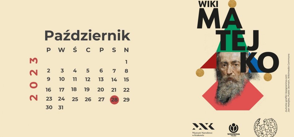 Strona kalendarza na beżowym tle — po lewej duży napis "Październik" z tabelą dni miesiąca i pionowo czerwonym napisem "2023", dzień 28 wyróżniony czerwonym kółkiem; po prawej kolorowy, geometryczny kolaż z dużymi literami "WIKI MATEJKO", stylizowanym portretem brodatego mężczyzny na czerwonym kształcie oraz kilkoma logotypami i drobnym tekstem kredytowym na dole.