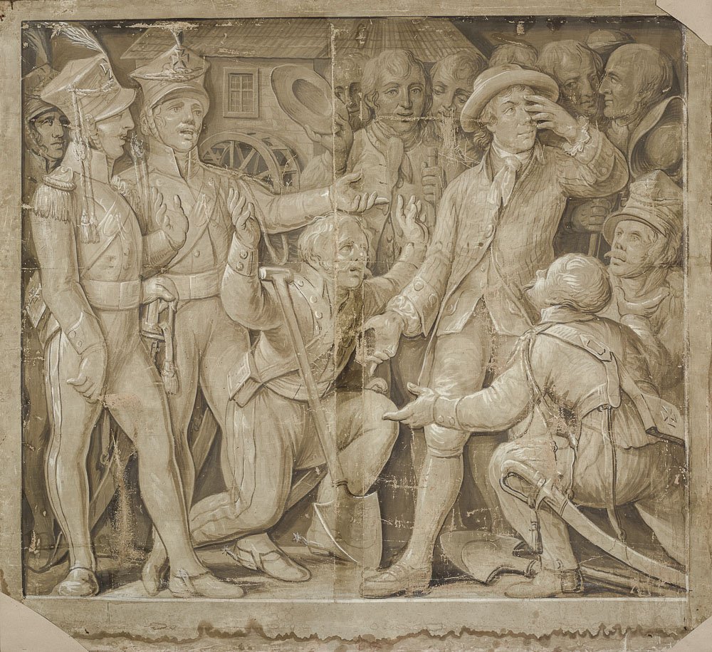 Monochromatyczny rysunek w tonacji sepii przedstawiający grupę mężczyzn w strojach z epoki ułożonych w scenę: pośrodku stoi mężczyzna w kapeluszu zasłaniający oczy dłonią, wokół niego stoją i klęczą inni — po lewej dwaj żołnierze w hełmach z pióropuszami, pośrodku klęczący mężczyzna z kulą i laską, po prawej klęczy mężczyzna z łopatą i widocznym mieczem przy pasie — w tle budynek z kołem wodnym i promieniami światła u góry, a na powierzchni rysunku widoczne przetarcia i pionowy szew w środku.