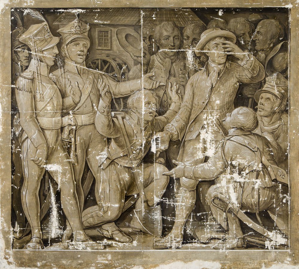 Monochromatyczny, sepia panel przedstawiający grupę mężczyzn w historycznych strojach i mundurach — część klęczy, część stoi; centralna postać w szerokim kapeluszu zasłania oczy dłonią, wokół niej gestykulują inni żołnierze i cywile, w tle widać budynek z kołem wodnym, a powierzchnię obrazu pokrywają liczne zadrapania i ubytki farby.