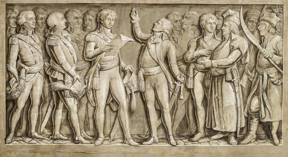 Monochromatyczna, sepiowa kompozycja przypominająca płaskorzeźbę przedstawiająca grupę stojących mężczyzn w historycznych mundurach i strojach; centralna postać unosi jedną rękę ku górze i trzyma kapelusz, obok mężczyzna czyta dokument, po lewej stoją oficerowie, a po prawej uzbrojeni żołnierze z bronią.