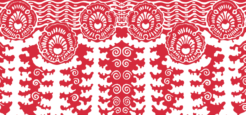 Czerwono-biały, symetryczny ornament z dużymi okrągłymi motywami przypominającymi kwiaty u góry, falistymi poziomymi liniami nad nimi oraz rzędami pionowych, nieregularnych chmurkowatych kształtów i spiral.