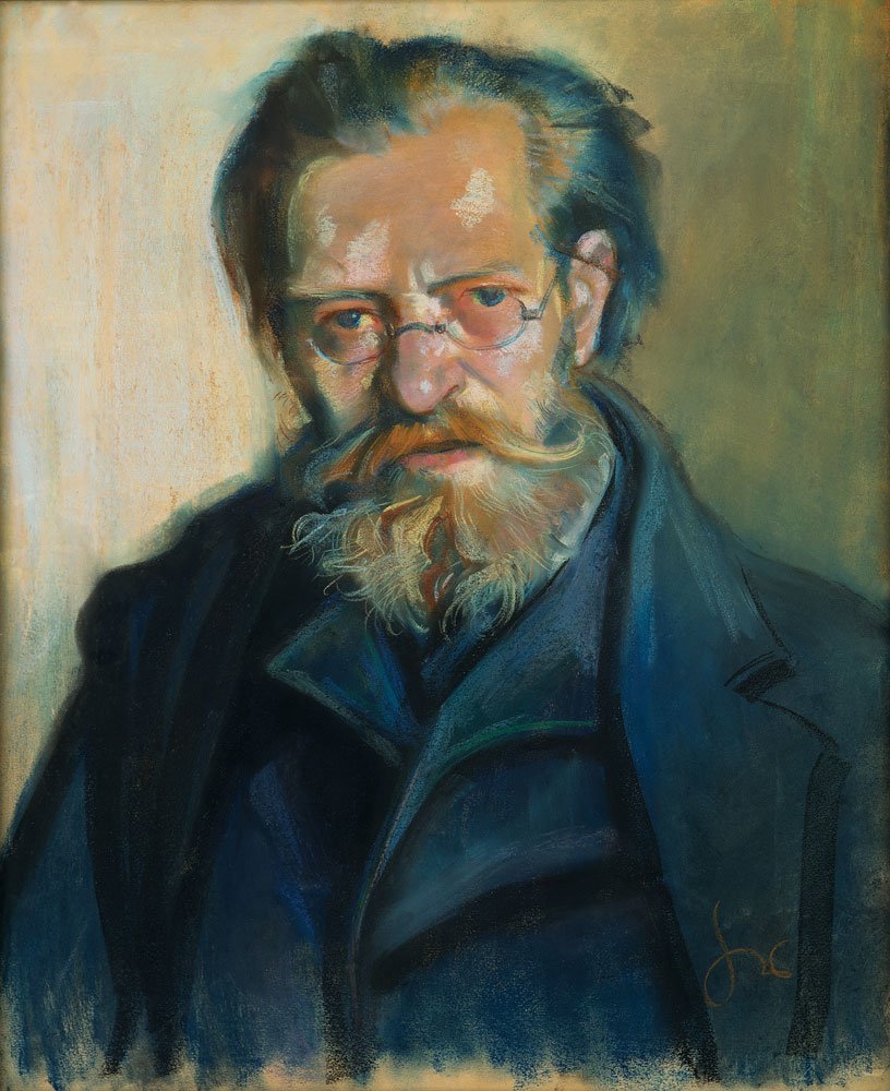 Popiersiowy portret malarski starszego mężczyzny z cienkimi okrągłymi okularami, gęstą siwą brodą i zawiniętymi wąsami, włosami zaczesanymi do tyłu, ubranego w ciemny płaszcz na stonowanym beżowo‑zielonym tle z widocznymi pociągnięciami pędzla i podpisem artysty w prawym dolnym rogu.