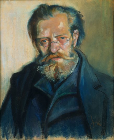 Portret malarski przedstawiający starszego mężczyznę patrzącego wprost na widza, z siwą kręconą brodą i wąsami, w okularach i rozczochranych włosach, ubrany w ciemny płaszcz i szal, namalowany w chłodnej palecie błękitów i zieleni na stonowanym tle.
