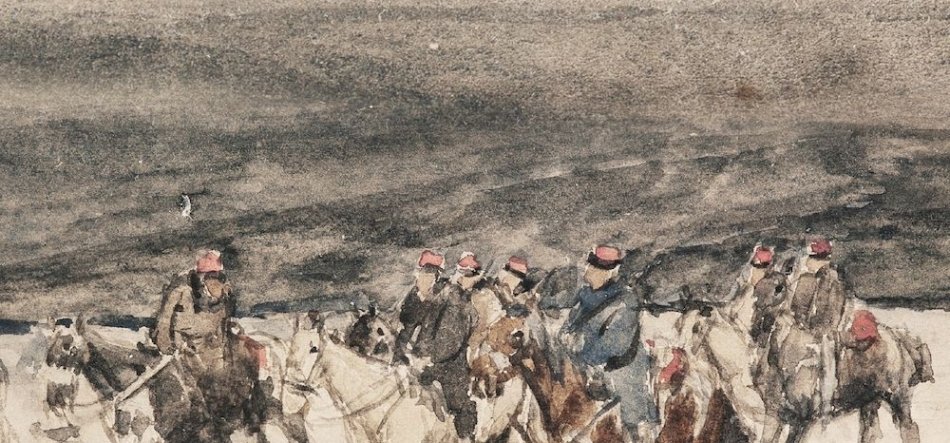 Akwarelowy obraz przedstawiający grupę jeźdźców na jasnych koniach stojących i galopujących po śnieżnej równinie pod ciemnym, niemal burzowym niebem, z postaciami w płaszczach i czerwonymi nakryciami głowy.