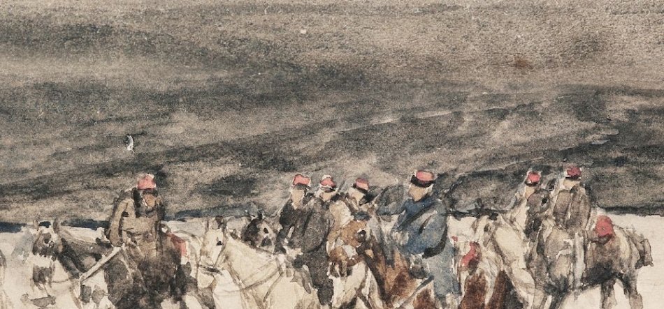 Akwarela przedstawiająca grupę jeźdźców na koniach stojących na zaśnieżonym terenie pod ciemnym, pochmurnym niebem, większość postaci ma czerwone czapki i ciężkie płaszcze.