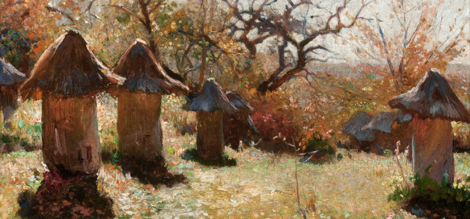 Obraz przedstawia kilka cylindrycznych, słupowych drewnianych budowli ze stożkowatymi strzechowymi dachami rozsianych po jasnej polanie, na tle jesiennych drzew o nagich gałęziach i kolorowych liściach w malarskim impresjonistycznym stylu.