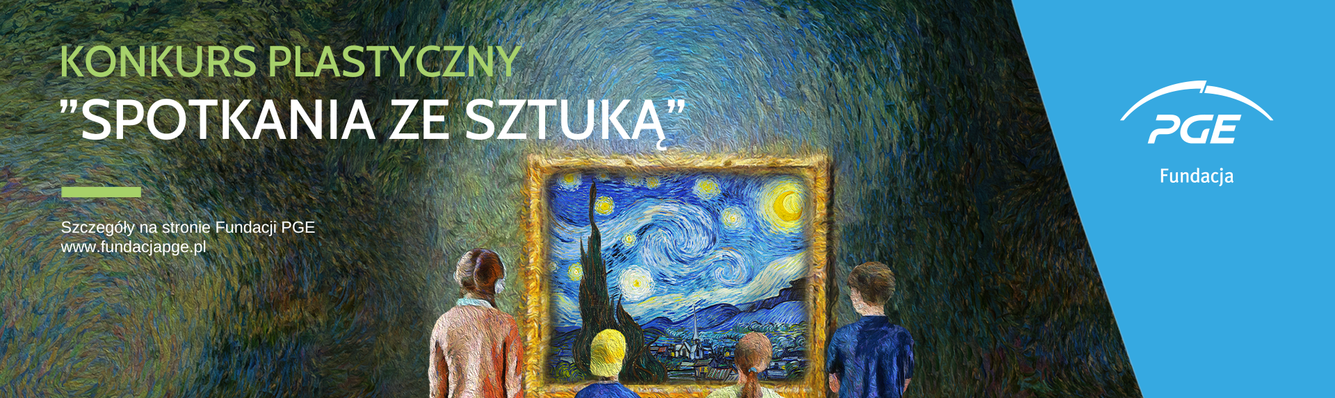 Plakat z tłem o malarskiej, wirującej fakturze przedstawiający w środku złotą ramę z obrazem ukazującym wirujące nocne niebo, przed którym od tyłu stoją cztery dzieci — po lewej dziewczyna w jasnej kurtce i zielonej spódnicy, dalej chłopiec w niebieskiej koszulce z numerem 7 i szortach, dziewczynka z kucykiem w zielonej bluzce i niebieskiej spódniczce oraz po prawej chłopak w granatowej koszulce i spodniach; po lewej u góry duży napis KONKURS PLASTYCZNY SPOTKANIA ZE SZTUKĄ i mniejszy tekst informacyjny, a p