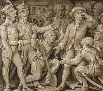 Monochromatyczna sepiowa rycina przedstawiająca tłumną scenę: pośrodku klęczący mężczyzna trzymający łopatę i laskę, wokół stoją i gestykulują mężczyźni w historycznych strojach i kapeluszach trójrożnych, jeden zasłania twarz dłonią, w tle zarysy kolejnych postaci i budynek z kołem wodnym.