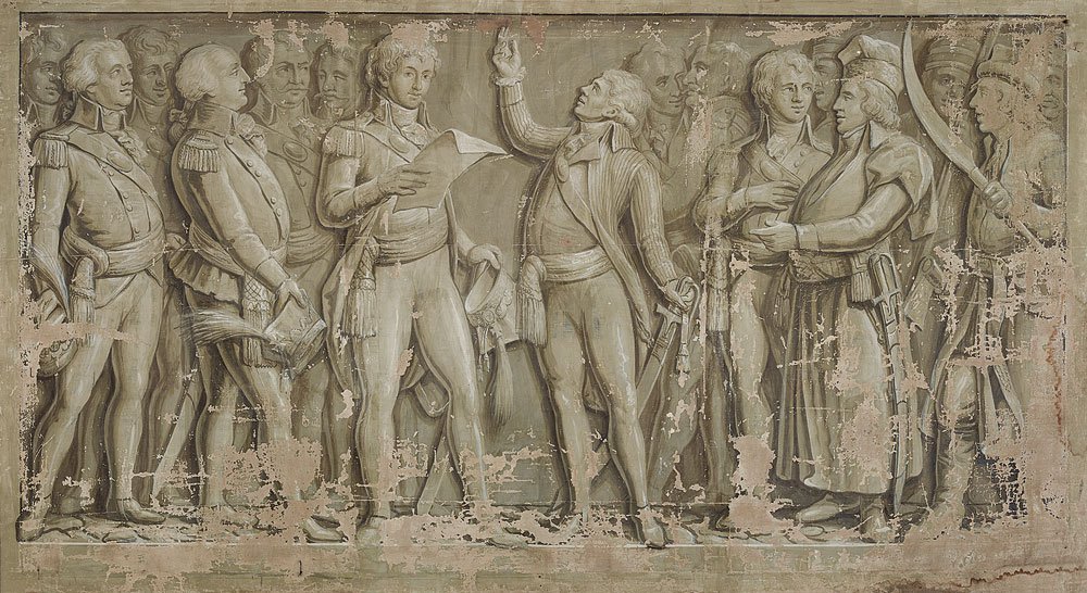 Monochromatyczne, zniszczone malowidło ścienne przedstawiające grupę mężczyzn w historycznych uniformach i strojach ustawionych w szeregu; centralna postać z uniesioną prawą ręką, obok niej oficer trzymający dokument, po prawej mężczyzna w turbanie z szablą, w tle zarysy kolejnych postaci i widoczne odpryski oraz ubytki farby.