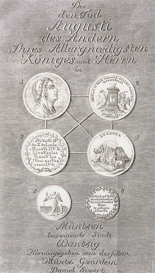 Rycina w odcieniach szarości z gęstym kreskowaniem tła, u góry ozdobny niemiecki napis, poniżej sześć okrągłych medali ułożonych w dwóch kolumnach i połączonych liniami: lewy górny z profilowym popiersiem w wieńcu laurowym, prawy górny z tarczą herbową flankowaną przez dwa stojące zwierzęta, lewy środkowy z łacińskim napisem otoczonym wieńcem, prawy środkowy z przedstawieniem żałoby przy skale (opis „LUGETUR”), lewy dolny z postacią przy kolumnie trzymającą wieńce, prawy dolny z gęstym napisem łacińskim, a