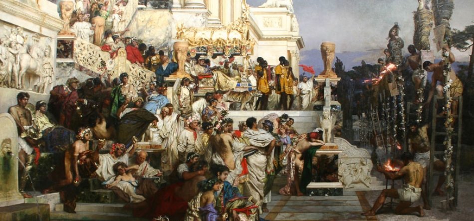 Gęsto zapełnione marmurowe schody i tarasy z wieloma postaciami w bogatych, drapowanych strojach i wieńcach zgromadzonymi wokół podwyższonego, złoconego tronu; po prawej stoją słupy z przywiązanymi postaciami i palące się palenisko, na pierwszym planie siedzące i leżące postaci oraz duże zwierzę przy stopniach.