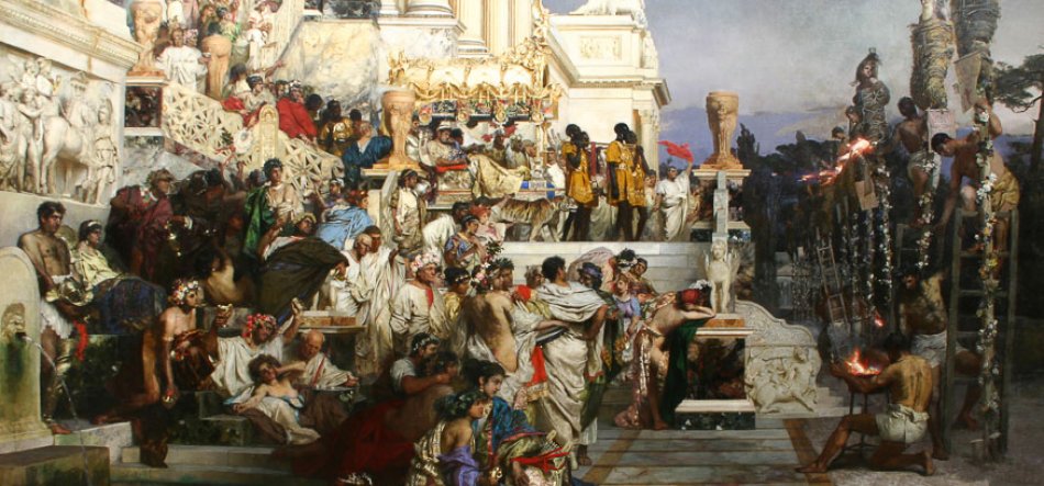 Obraz przedstawiający tłum postaci w strojach starożytnych zebranych na marmurowych schodach przed ozdobnym podium z tronem, z detalicznymi płaskorzeźbami po lewej, kolorowymi towarzyszami i służbą w żółtych szatach przy tronie oraz po prawej stronie kilkoma postaciami przywiązanymi do wysokich słupów obok palenisk.