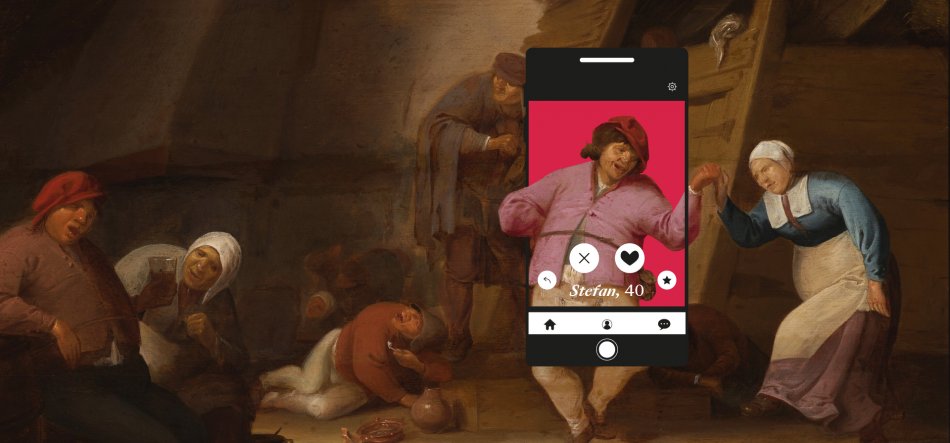 Scena we wnętrzu tawerny z kilkoma postaciami w historycznych strojach i naczyniami na podłodze; na środku nałożony czarny ekran telefonu z aplikacją randkową pokazującą zdjęcie mężczyzny w różowej koszuli i czerwonym kapeluszu z napisem "Stefan, 40" oraz ikonami serca i krzyżyka.