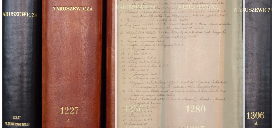 Zbliżenie pionowych grzbietów kilku oprawionych tomów w odcieniach czerni, brązu i beżu z złotym napisem NARUSZEWICZA, widocznymi numerami tomów 1227, 1280 i 1306 oraz fragmentem odręcznego rękopisu na środkowej jasnobeżowej oprawie.