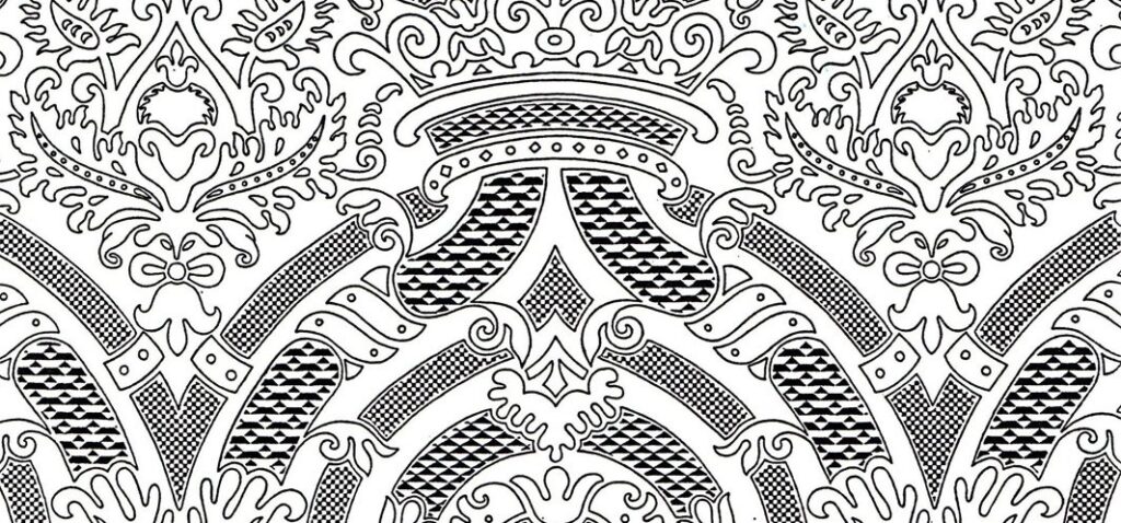 Czarno-biały, symetryczny ornament dekoracyjny z powtarzalnymi łukowymi i liściastymi motywami, zawijasami oraz polami wypełnionymi kratkami, kropkami i skośnymi kreskami.