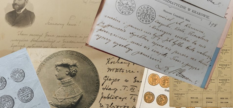 Kolaż nakładających się historycznych dokumentów i rycin w sepiowych odcieniach: odręczne listy ze stemplem i pieczęciami, czarno-biała rycina popiersia w lewym górnym rogu, reliefowy medalik z profilową postacią, arkusze z odbitkami monet oraz żółtawa tabela z wpisami.