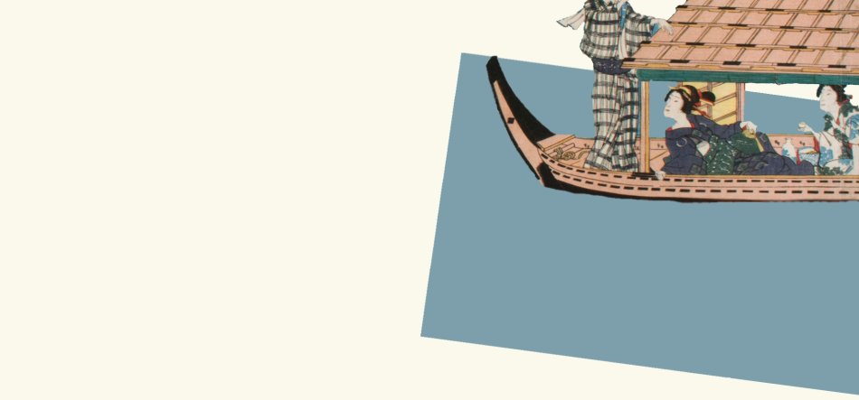 Fragment ilustracji przedstawiający część tradycyjnej japońskiej łodzi z krytą nadbudówką i widocznym dziobem, umieszczoną na przekręconym niebieskim prostokącie na kremowym tle, z trzema postaciami w tradycyjnych japońskich strojach i wzorzystych kimonach.
