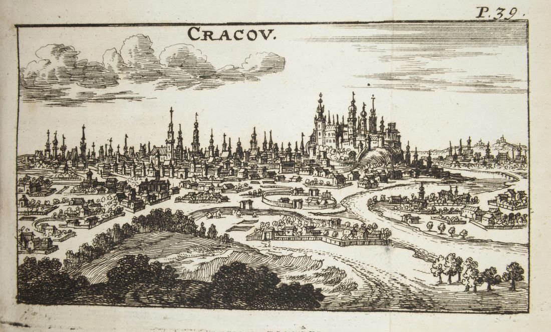 Rytowany panoramiczny widok miasta podpisany „Cracov.” pokazujący w pierwszym planie pagórki i drzewa, dalej meandrującą rzekę z wysepkami i zabudowaniami nadbrzeżnymi, a w tle gęstą zabudowę z licznymi smukłymi wieżami i dużym kompleksem budynków na wzgórzu; u góry chmury i oznaczenie "P.39.