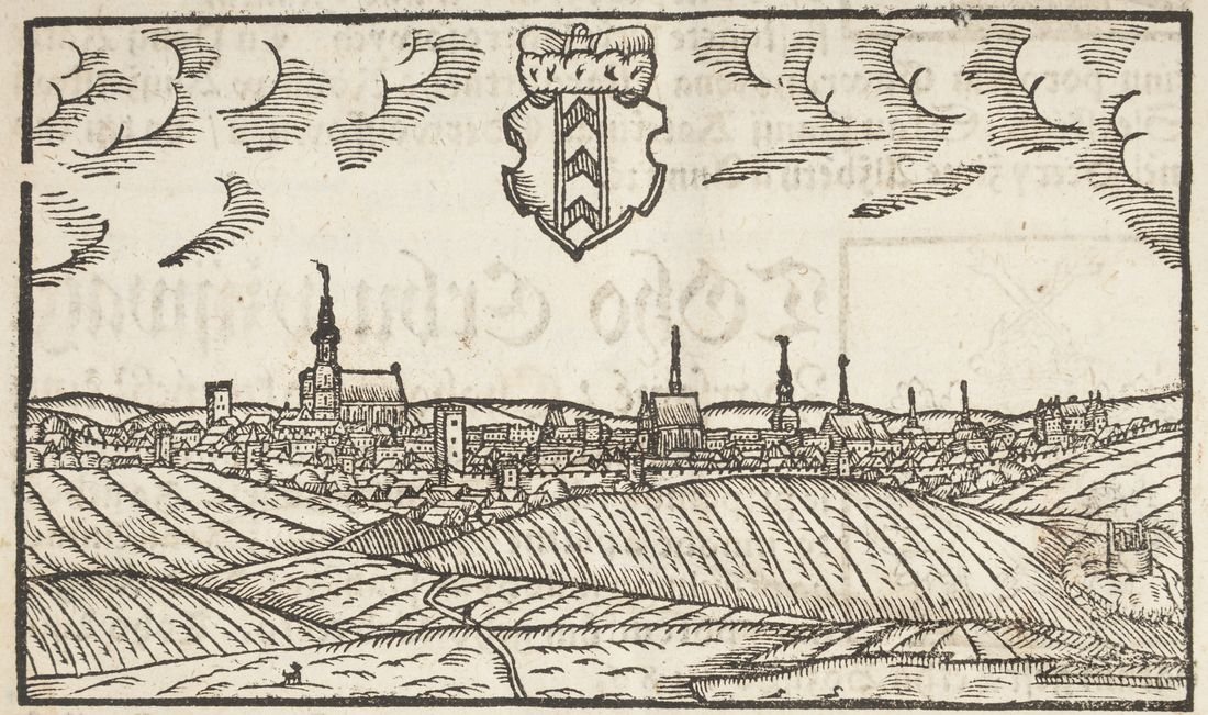 Drewnorytowy panoramiczny widok z pierwszego planu na falujące, bruzdowane pola i wąską drogę prowadzącą ku zwartej zabudowie miasta z kilkoma wysokimi wieżami i kościelnymi iglicami na horyzoncie, u góry centralnie umieszczony herb oraz stylizowane chmury w grubym ramowaniu.