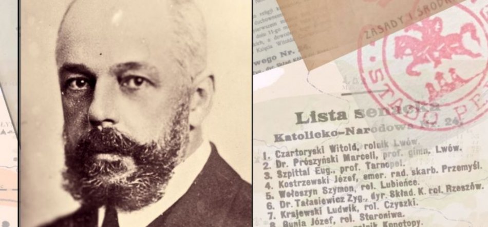 Obraz podzielony na dwie części: po lewej sepia portret mężczyzny z bujną brodą i wąsami w eleganckiej marynarce, po prawej fragmenty starych dokumentów i gazet z drukowanym nagłówkiem "Lista..." widocznym tekstem po polsku oraz czerwonym okrągłym stemplem.
