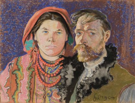 Portret mężczyzny i kobiety stojących blisko siebie na fioletowo-brązowym tle; kobieta ma czerwoną chustę na głowie, duże zielonkawe kolczyki, wielowarstwowe czerwone korale i kolorowy haftowany strój, mężczyzna ma czapkę, wąsy i brodę oraz płaszcz z futrzanym kołnierzem, w prawym dolnym rogu widoczna sygnatura i data "1904".