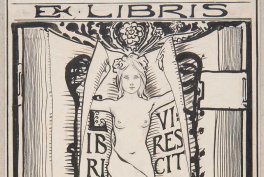 Czarno-biała grafika ex libris przedstawiająca frontalnie stojącą nagą kobietę z uniesionymi ramionami, osadzoną między ozdobnymi kolumnami i powiewającymi wstęgami z widocznym napisem EX LIBRIS u góry oraz fragmentami liter wokół postaci i dekoracyjnym motywem roślinnym nad głową.