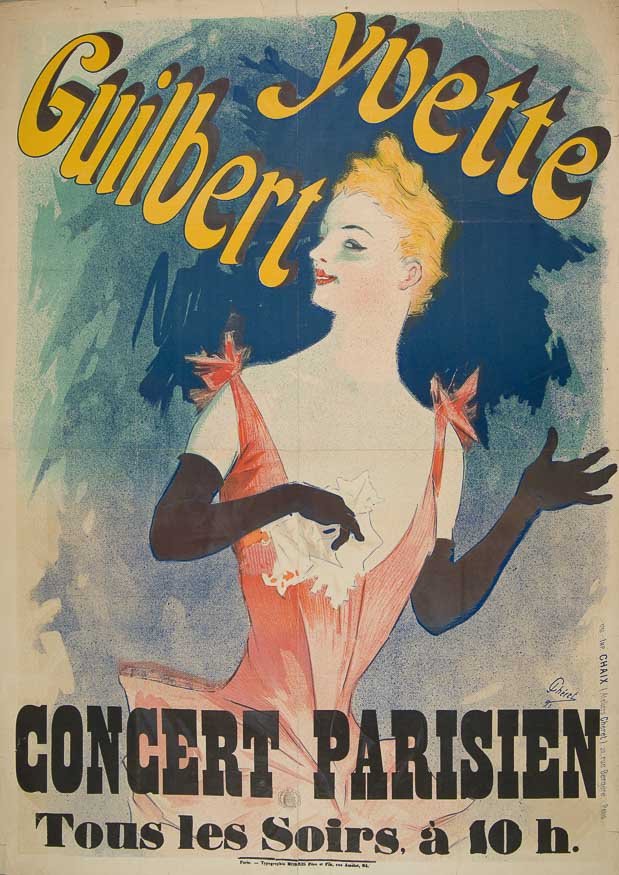 Plakat reklamowy z dużym żółtym napisem "Guilbert Yvette" u góry, centralną ilustracją blond kobiety w różowej sukni z kokardkami na ramionach i długich czarnych rękawiczkach na niebiesko-zielonym, malarskim tle oraz czarnym, masywnym napisem "CONCERT PARISIEN" i mniejszym tekstem "Tous les Soirs, à 10 h." u dołu
