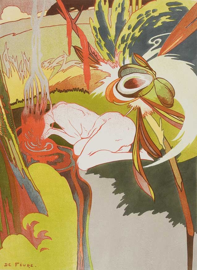 Ilustracja art nouveau z sygnaturą "De Feure", ukazująca zarys nagiej, skulonej postaci przy czerwonym, wirującym źródle, otoczoną stylizowanymi roślinami i dużym abstrakcyjnym kwiatowo‑płomiennym motywem w odcieniach zieleni, żółci, pomarańczu i czerwieni.