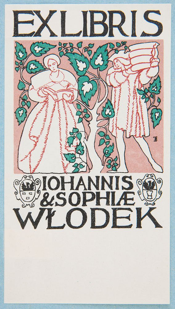 Exlibris z dużym napisem "EXLIBRIS" u góry, kolorową ilustracją dwóch stylizowanych postaci w sukniach otoczonych zielonymi liśćmi na różowym tle — jedna czyta książkę, druga niesie stos poduszek, ozdobne herby po bokach oraz napis "IOHANNIS & SOPHIAE WŁODEK" pogrubionymi czarnymi literami poniżej.