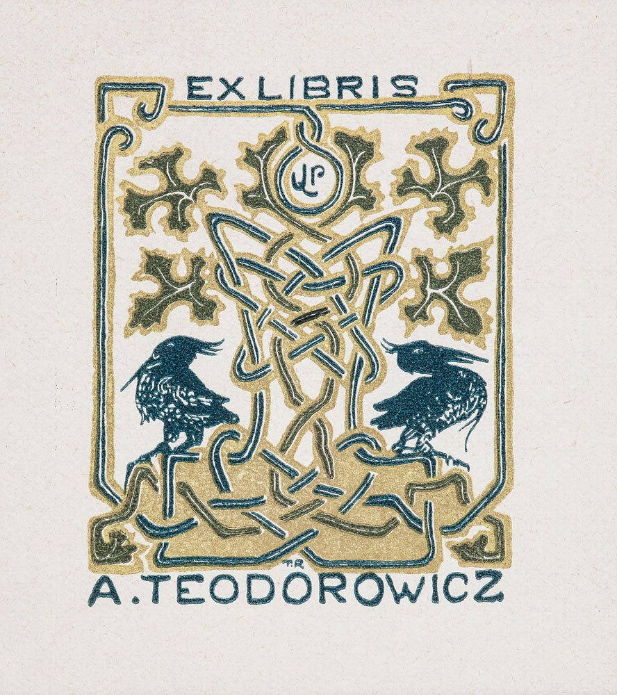 Exlibris na kremowym papierze z centralnym złoto- i granatowym plecionym motywem węzłowym w kształcie gwiazdy, dwoma ciemnogranatowymi stylizowanymi ptakami po bokach, czterema złotymi liśćmi w tle, u góry napisem "EXLIBRIS" i małym okrągłym monogramem "LP", oraz u dołu podpisem "A. TEODOROWICZ".