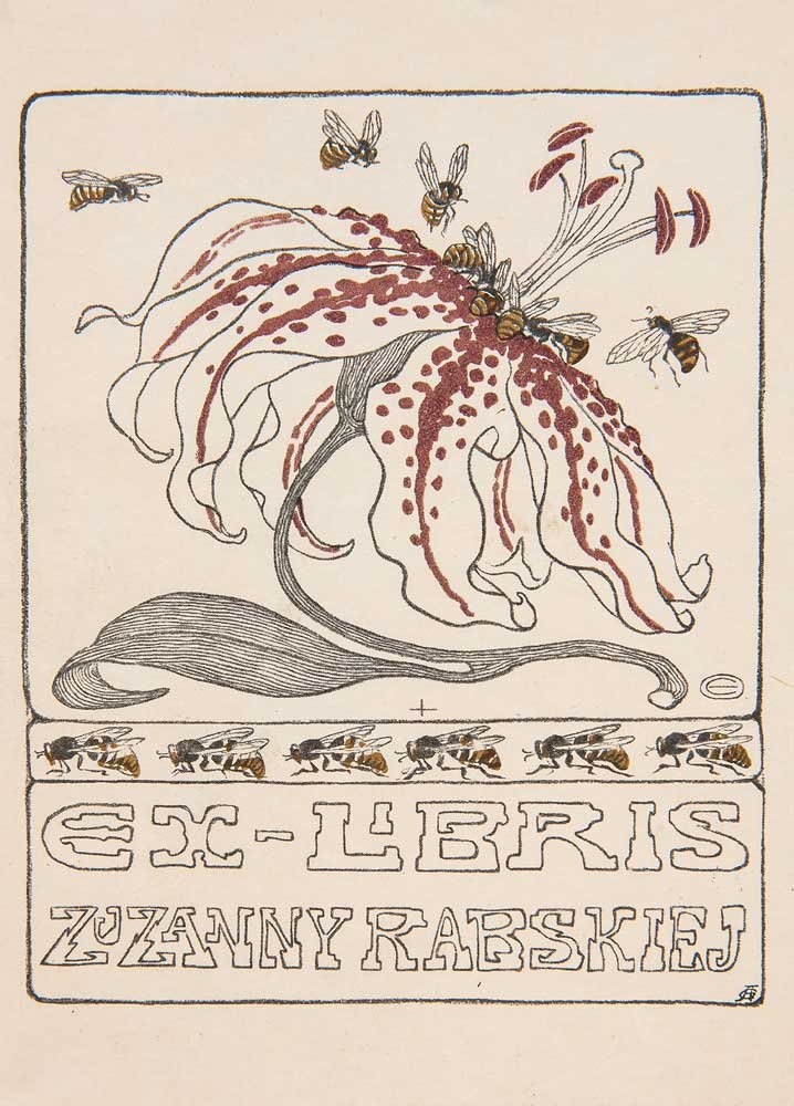 Exlibris w stylizowanej grafice przedstawiający duży falisty kwiat z nakrapianymi płatkami i pszczołami krążącymi przy jego środku; poniżej rząd małych pszczół i napis EX-LIBRIS ZUZANNY RABSKIEJ na jasnym tle.