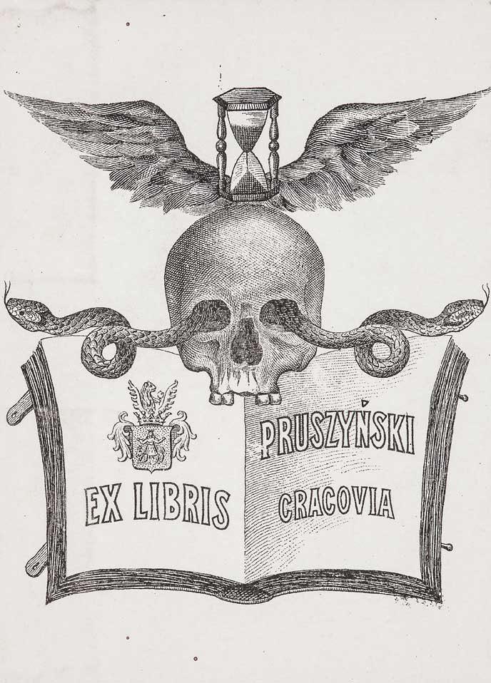 Czarno-biała rycina ex libris przedstawiająca otwartą księgę z napisem "EX LIBRIS" po lewej i "PRUSZYNSKI CRACOVIA" po prawej, nad którą osadzona jest ludzka czaszka z wężami wychodzącymi z oczodołów i klepsydrą z rozpostartymi skrzydłami umieszczoną na czubku czaszki, po lewej stronie strony mały herb.