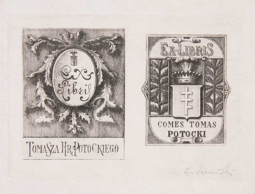 Dwie czarno-białe ryciny ekslibrisów ustawione obok siebie: po lewej ozdobny prostokątny kartusz z owalnym polem z kaligraficznym napisem Ex Libris otoczony liściastą ornamentyką i podpisem u dołu TOMASZA HR POTOCKIEGO; po prawej prostokątny ekslibris z napisem u góry EX LIBRIS, w centralnej części herbowa tarcza pod koroną z krzyżem o trzech poprzeczkach otoczona motywami liści i napisem u dołu COMES TOMAS POTOCKI.