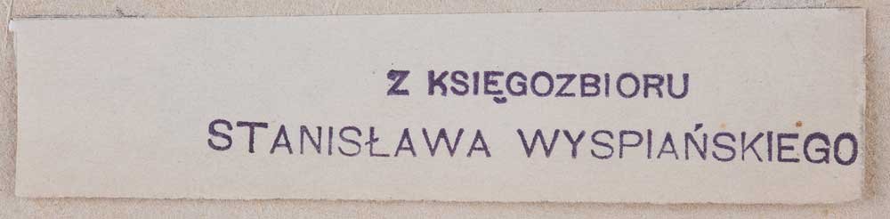 Papierowa prostokątna etykieta z fioletowym stempelkiem drukowanym wielkimi literami: u góry „Z KSIĘGOZBIORU”, poniżej większym tekstem „STANISŁAWA WYSPIAŃSKIEGO”.