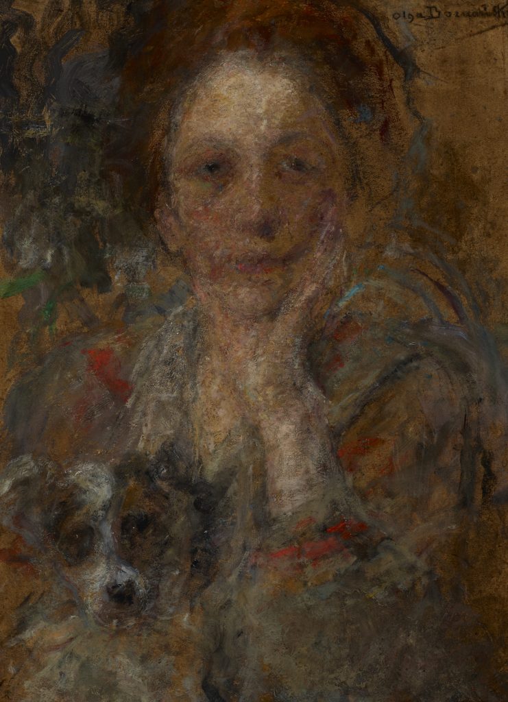 Zbliżenie na impresyjny portret kobiety namalowany grubymi pociągnięciami farby — widoczna twarz z dłonią pod brodą, rozmyte rysy, ciepła brązowo‑czerwona paleta, fragment małego biało‑czarnego psa u dołu oraz widoczna sygnatura w prawym górnym rogu.