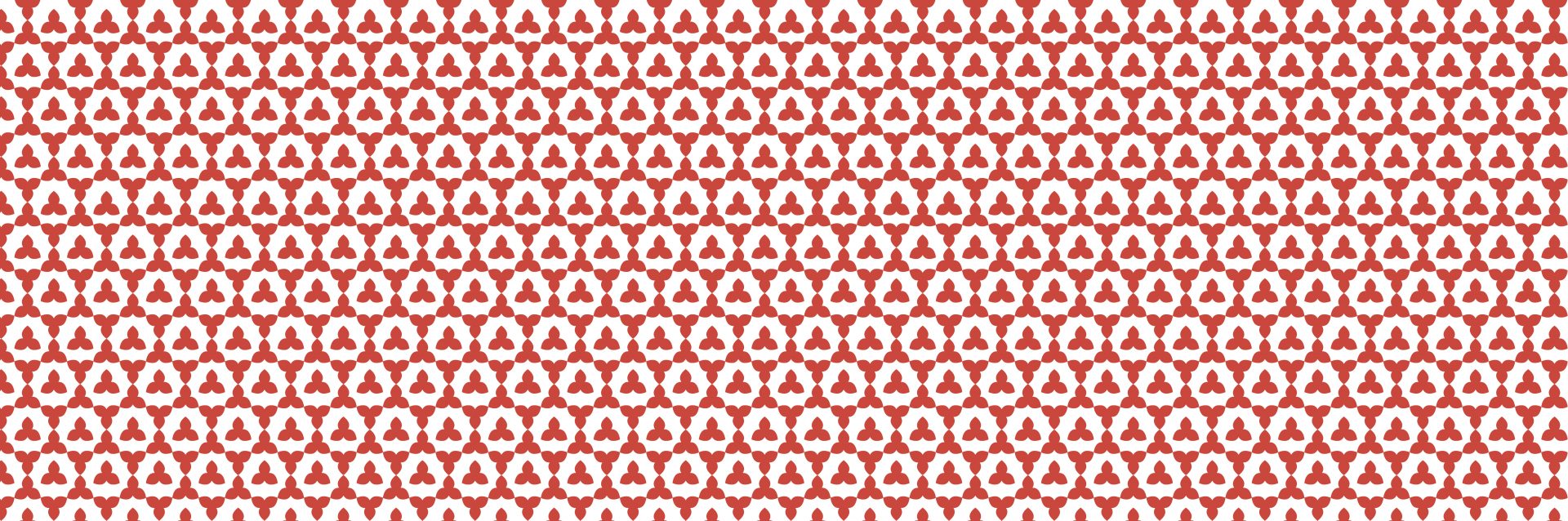 Gęsty, powtarzalny geometryczny wzór na białym tle — małe czerwone motywy z trzech zaokrąglonych „łezek” ułożonych w trójkąt, rozmieszczone regularnie w siatce tworzącej sześciokątne pola.