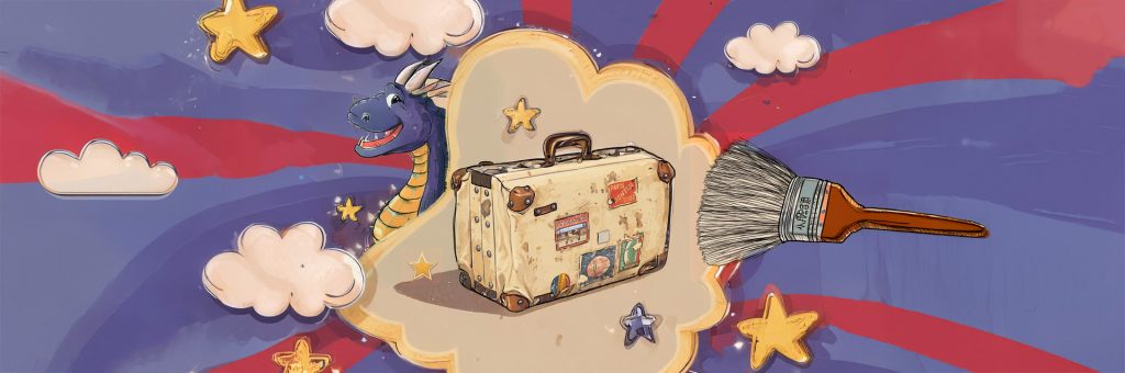 Panoramiczna ilustracja z fioletowo-czerwonym tłem i promieniami, na której pośrodku na kremowej chmurze stoi beżowa walizka z naklejkami i metalowymi okuciami, z lewej wystaje fioletowo-żółty smok z otwartą paszczą, z prawej znajduje się duży pędzel, a wokół unoszą się pastelowe chmurki i żółte gwiazdki.