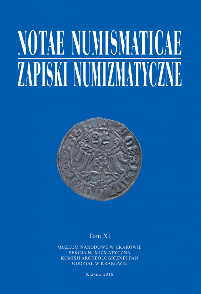 Okładka na niebieskim tle z dużym białym tytułem na górze NOTAE NUMISMATICAE i drugim wierszem ZAPISKI NUMIZMATYCZNE oddzielonym poziomą linią, poniżej centralnie umieszczony srebrnoszary wizerunek monety z orłem, a niżej drobny biały napis Tom XI oraz wydawnicze linie tekstu i data Kraków 2016.