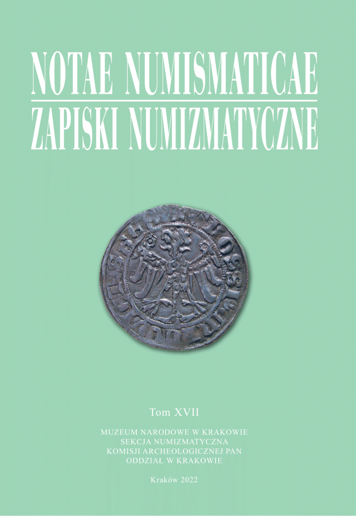 Jasnozielona okładka z dużymi białymi tytułami u góry: "NOTAE NUMISMATICAE" i podkreślonym "ZAPISKI NUMIZMATYCZNE", centralnie umieszczona stara metalowa moneta z wizerunkiem dwugłowego orła i otaczającą ją inskrypcją oraz drobnymi białymi napisami poniżej — "Tom XVII", nazwami instytucji i "Kraków 2022".
