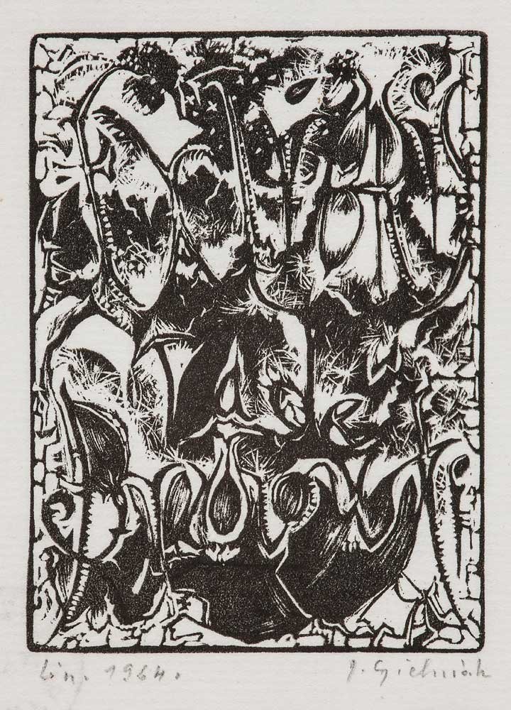 Czarno-biała prostokątna grafika z gęstym ornamentalnym wzorem stylizowanych kwiatów (tulipanów), liści i wijących się łodyg w ramce oraz odręcznym podpisem i datą u dołu.