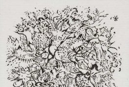 Czarno-biała, szczegółowa ilustracja tuszem przedstawiająca gęsty, niemal okrągły skupisko cienkich linii, kropek i zarysów przypominających liście, pędy i inne organiczne kształty na jasnym tle.