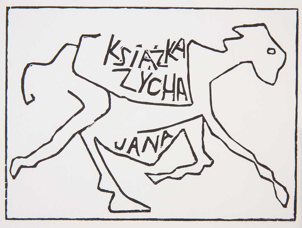 Czarno-biały, ręcznie naszkicowany kontur przypominający sylwetkę biegnącego konia w prostokątnej ramie, z dwoma nieregularnymi polami zawierającymi ręcznie napisane słowa "KSIĄŻKA" i "JANA".