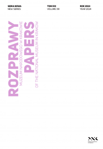 Minimalistyczna okładka na białym tle z dużą pionową różową typografią po lewej stronie zawierającą słowa „ROZPRAWY” i „PAPERS” oraz węższym pionowym tekstem informującym o Muzeum Narodowym w Krakowie, u góry trzy zwarte nagłówki po polsku i angielsku „SERIA NOWA / NEW SERIES”, „TOM XIII / VOLUME XIII”, „ROK 2024 / YEAR 2024”, a w prawym dolnym rogu małe czarne logo i napis „Muzeum Narodowe w Krakowie”.