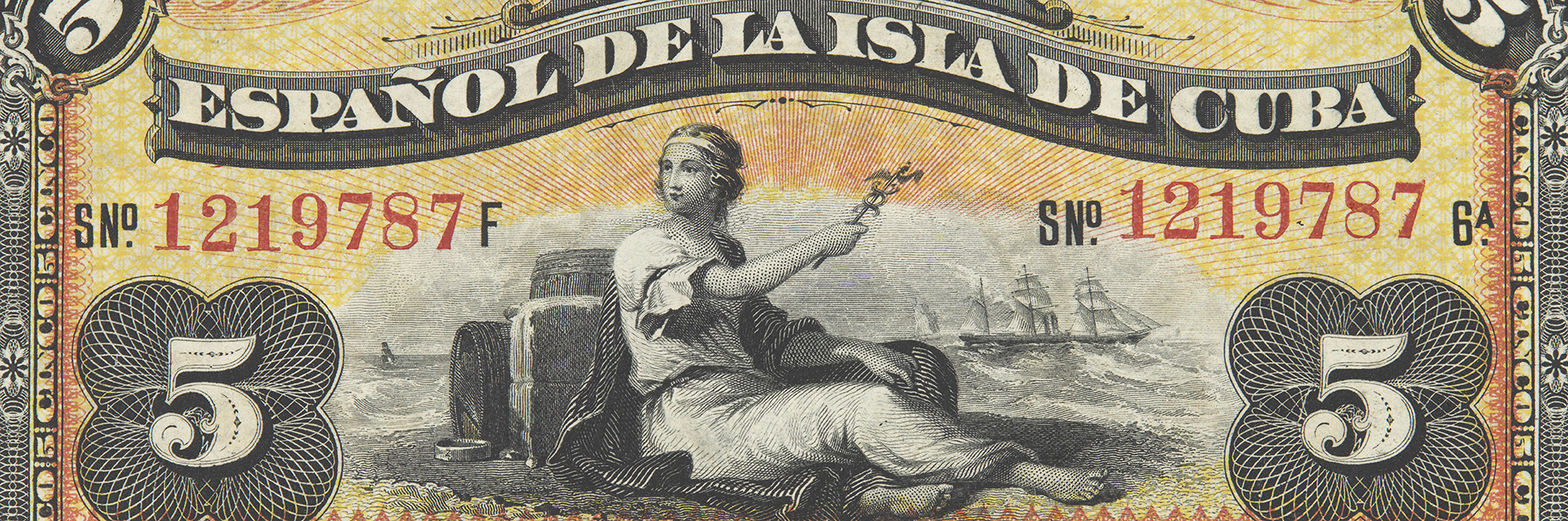 Fragment kolorowego banknotu z łukowym napisem ESPAÑOL DE LA ISLA DE CUBA, czerwonymi numerami seryjnymi 1219787 po obu stronach, centralną grawiurowaną postacią kobiety w stroju klasycznym siedzącej przy beczkach i trzymającej kij z dwoma splecionymi wężami, w tle żaglowiec na morzu, ozdobnymi medalionami z cyfrą 5 w dolnych rogach oraz żółto‑pomarańczowym wzorem tła i bogatą ornamentalną ramką.