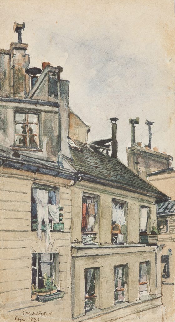 Akwarela przedstawiająca fragment elewacji i dachów kamienicy z mansardowym dachem i dachówkami, kilkoma kominami, rzędami okien z firankami, wiszącym praniem i donicami na parapetach; u dołu widoczny podpis i data "Paris 1891".