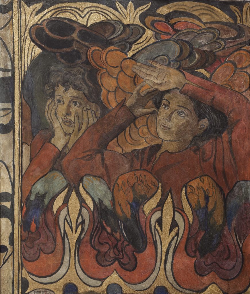 Fragment malarskiej kompozycji przedstawiający dwie postaci w czerwonych szatach — jedna trzyma dłonie przy policzkach, druga zasłania oczy ręką — na bogatym dekoracyjnym tle z falistymi, pióropodobnymi i złotymi ornamentami oraz stylizowanymi florystycznymi motywami.