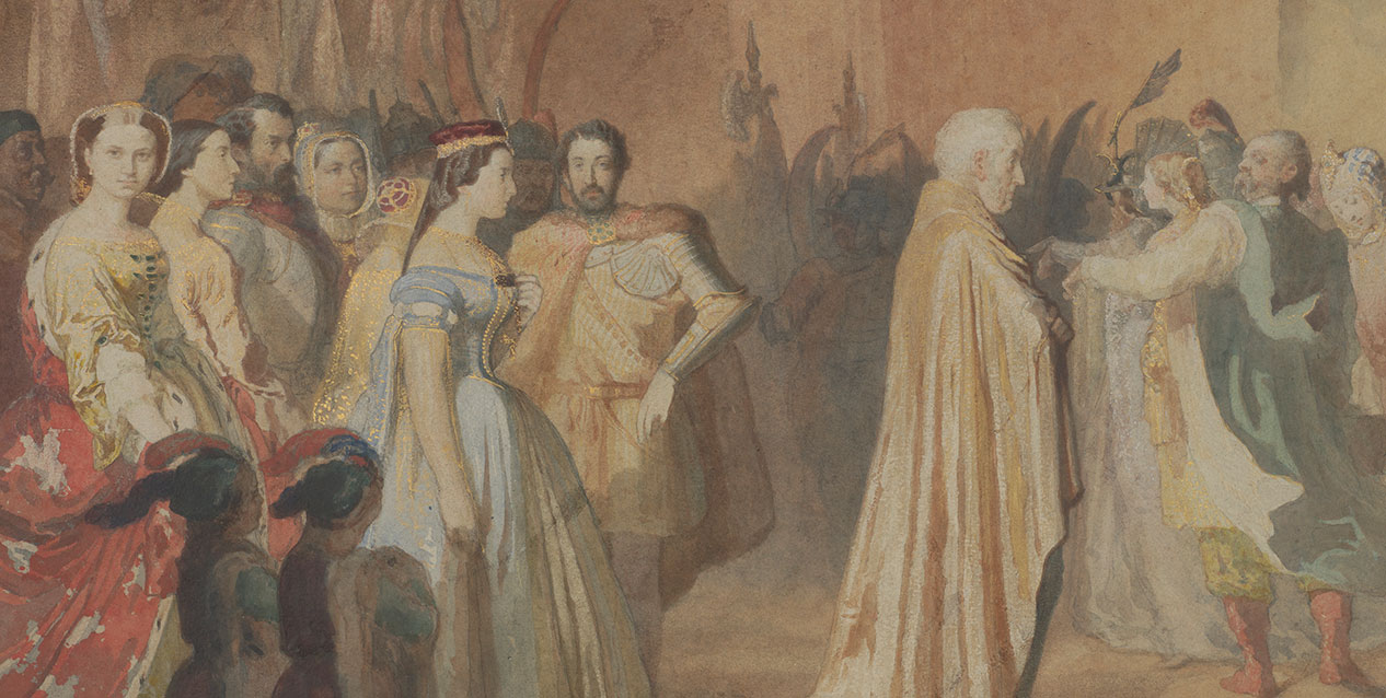 Akwarelowa scena z grupą postaci w historycznych strojach: po lewej kobiety w bogatych sukienkach i dwoje dzieci w kapeluszach, centralnie kobieta w niebieskiej sukni z ozdobami stojąca obok mężczyzny w zbroi i futrzanym płaszczu, po prawej starszy mężczyzna w długiej złotej szacie oraz kilku mężczyzn z ozdobnymi nakryciami głowy i sztandarami w tle.