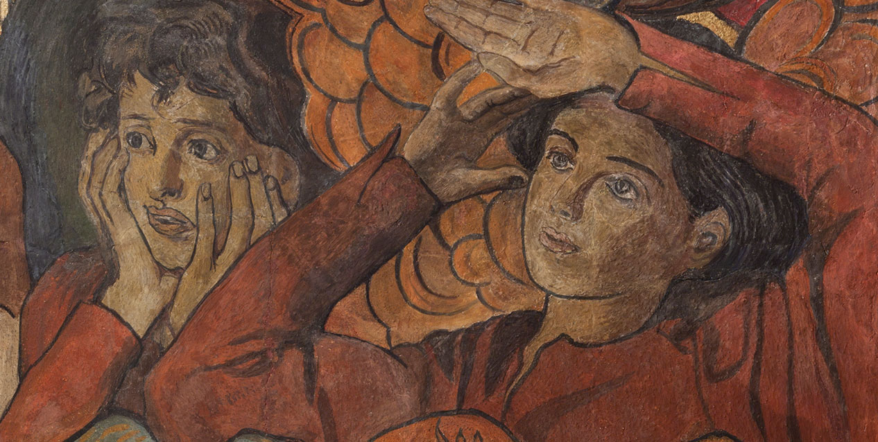 Fragment malowidła przedstawiający dwie postacie w czerwonych szatach — po lewej twarz oparta na dłoniach, po prawej postać unosząca ręce ku czołu; tło wypełnione pomarańczowymi, łuskowatymi wzorami i wyraźną fakturą pociągnięć pędzla.