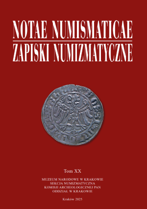 Okładka na ciemnoczerwonym tle z dużym białym tytułem u góry NOTAE NUMISMATICAE ZAPISKI NUMIZMATYCZNE, w centrum zdjęcie szarej starej monety z dwugłowym orłem, a poniżej drobny biały tekst zawierający Tom XX, nazwy instytucji i napis Kraków 2025.